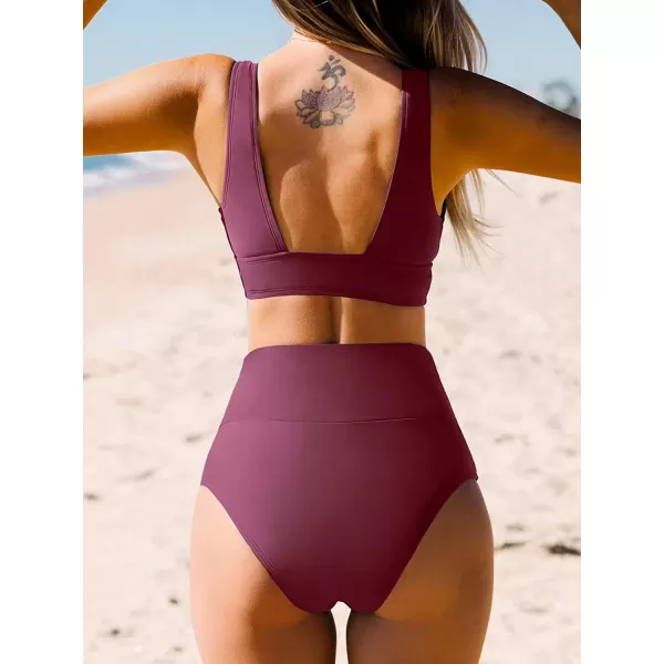 imageCUPSHE Bikini Set for Women Two Piece Swimsuit High Waisted V Neck Ruched Front Wide StrapsPurple