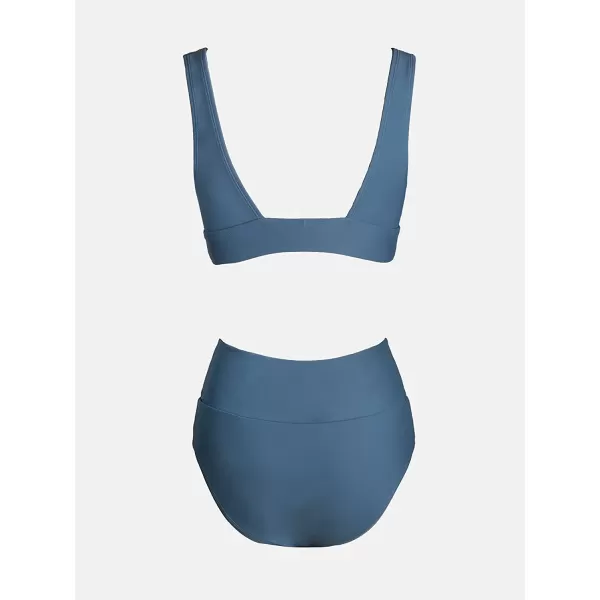 imageCUPSHE Bikini Set for Women Two Piece Swimsuit High Waisted V Neck Ruched Front Wide StrapsSilver Lake Blue