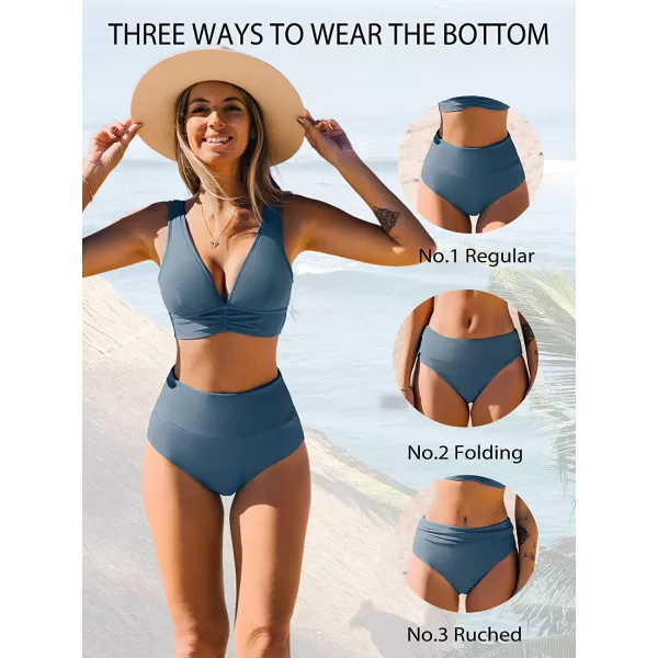 imageCUPSHE Bikini Set for Women Two Piece Swimsuit High Waisted V Neck Ruched Front Wide StrapsSilver Lake Blue