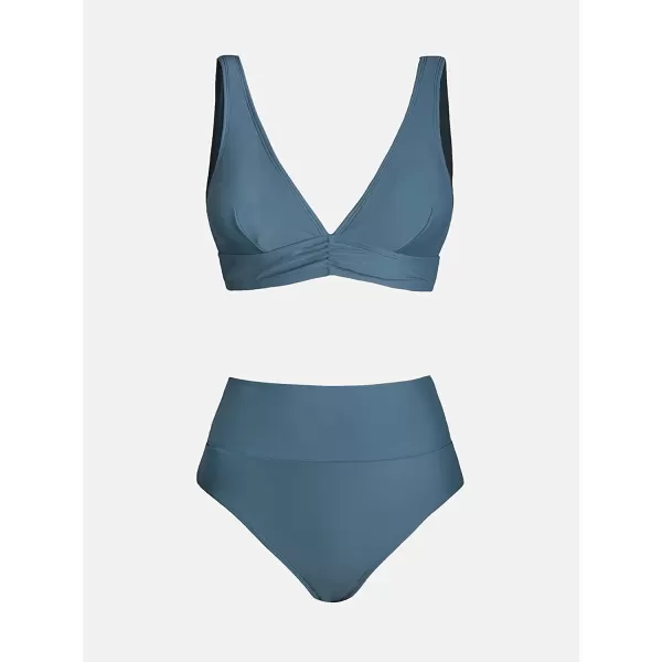 imageCUPSHE Bikini Set for Women Two Piece Swimsuit High Waisted V Neck Ruched Front Wide StrapsSilver Lake Blue
