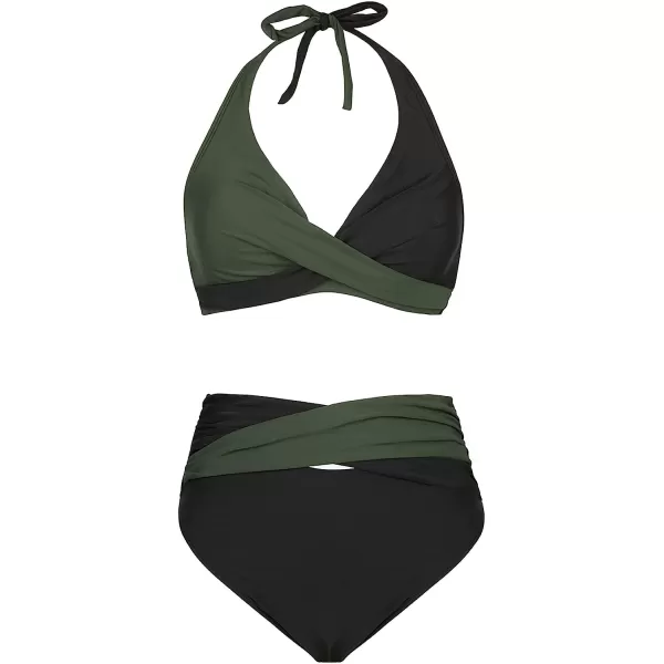 imageCUPSHE Bikini Set for Women Two Piece Swimsuit High Waisted Wrapped Halter Back Self Tie Color BlockBlack and Army Green