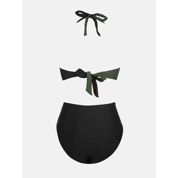 imageCUPSHE Bikini Set for Women Two Piece Swimsuit High Waisted Wrapped Halter Back Self Tie Color BlockBlack and Army Green