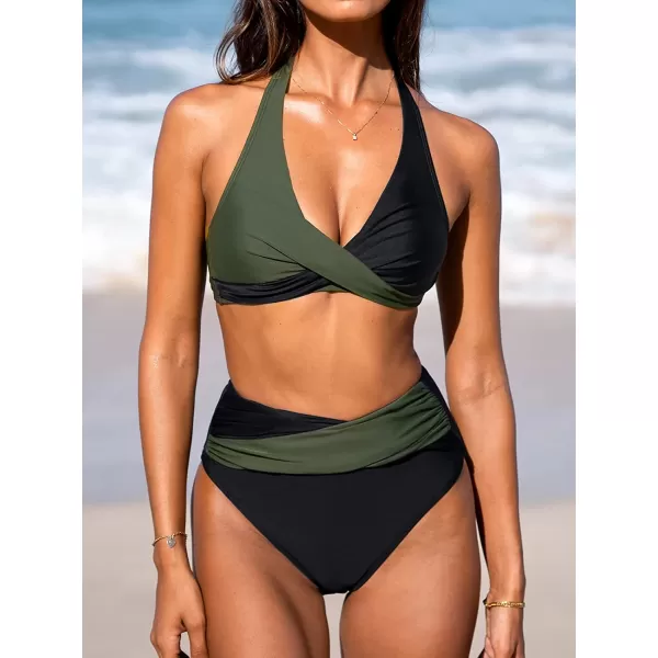 imageCUPSHE Bikini Set for Women Two Piece Swimsuit High Waisted Wrapped Halter Back Self Tie Color BlockBlack and Army Green