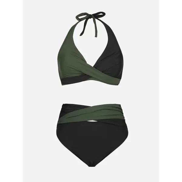 imageCUPSHE Bikini Set for Women Two Piece Swimsuit High Waisted Wrapped Halter Back Self Tie Color BlockBlack and Army Green
