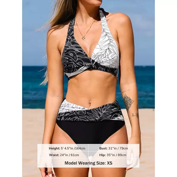 imageCUPSHE Bikini Set for Women Two Piece Swimsuit High Waisted Wrapped Halter Back Self Tie Color BlockBlack and White