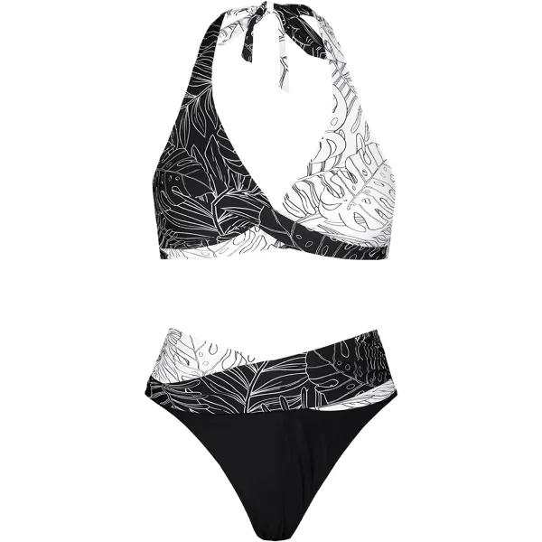imageCUPSHE Bikini Set for Women Two Piece Swimsuit High Waisted Wrapped Halter Back Self Tie Color BlockBlack and White