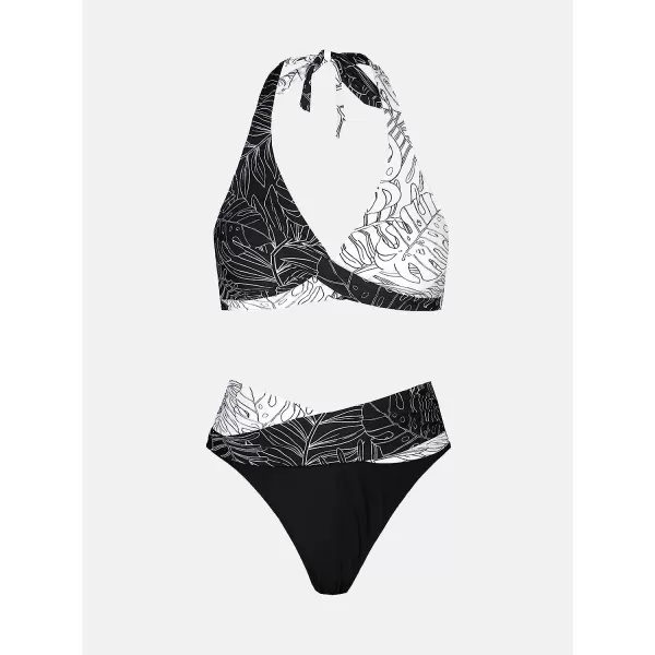 imageCUPSHE Bikini Set for Women Two Piece Swimsuit High Waisted Wrapped Halter Back Self Tie Color BlockBlack and White