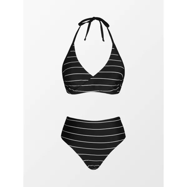 imageCUPSHE Bikini Set for Women Two Piece Swimsuit Mid Rise Reversible Bottom Striped V Neck Halter Backless Back HookHorizontal Stripes amp Black