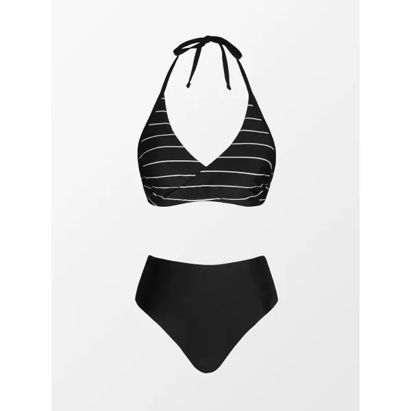 imageCUPSHE Bikini Set for Women Two Piece Swimsuit Mid Rise Reversible Bottom Striped V Neck Halter Backless Back HookHorizontal Stripes amp Black