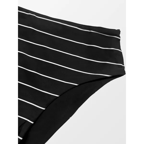 imageCUPSHE Bikini Set for Women Two Piece Swimsuit Mid Rise Reversible Bottom Striped V Neck Halter Backless Back HookHorizontal Stripes amp Black