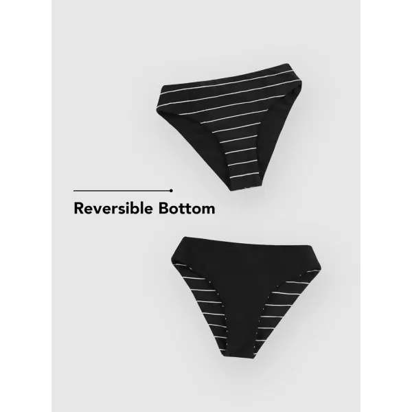imageCUPSHE Bikini Set for Women Two Piece Swimsuit Mid Rise Reversible Bottom Striped V Neck Halter Backless Back HookHorizontal Stripes amp Black