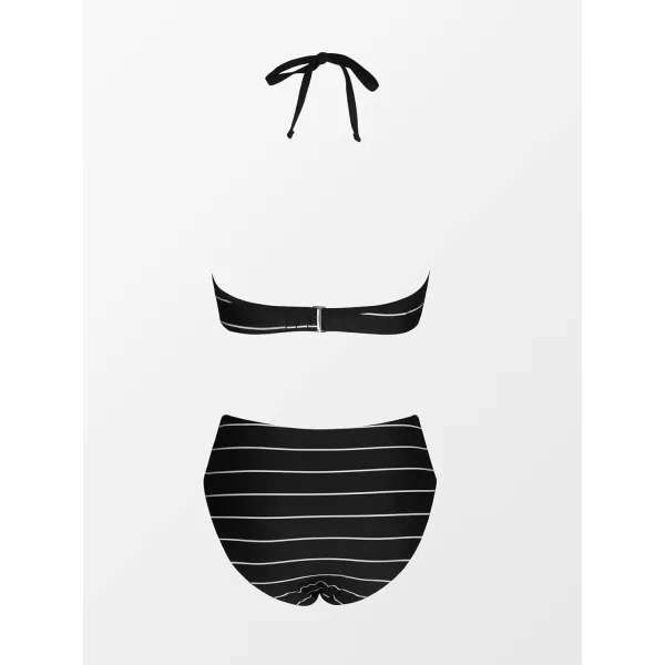 imageCUPSHE Bikini Set for Women Two Piece Swimsuit Mid Rise Reversible Bottom Striped V Neck Halter Backless Back HookHorizontal Stripes amp Black