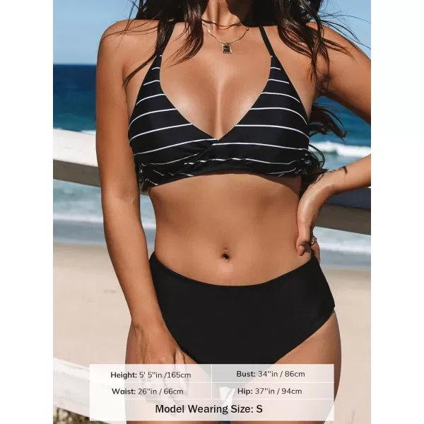 imageCUPSHE Bikini Set for Women Two Piece Swimsuit Mid Rise Reversible Bottom Striped V Neck Halter Backless Back HookHorizontal Stripes amp Black