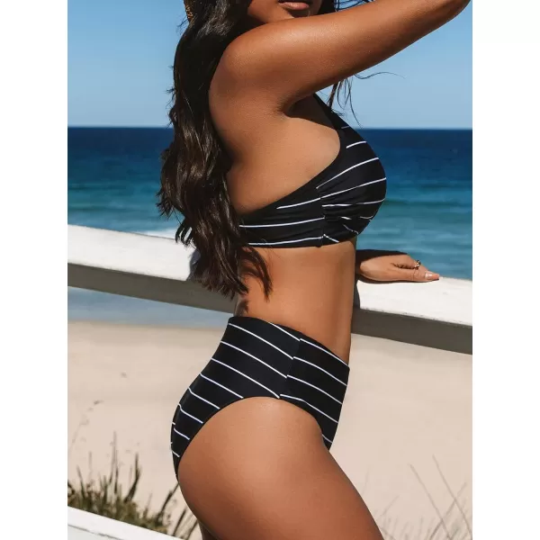 imageCUPSHE Bikini Set for Women Two Piece Swimsuit Mid Rise Reversible Bottom Striped V Neck Halter Backless Back HookHorizontal Stripes amp Black