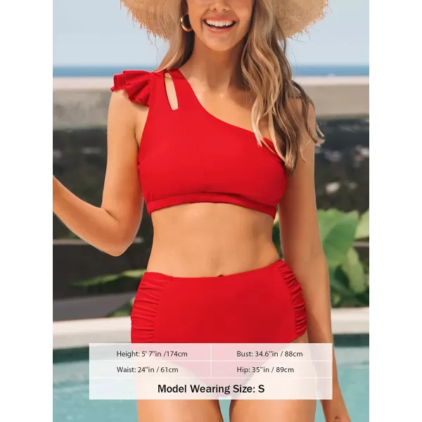 imageCUPSHE Bikini Set for Women Two Piece Swimsuit Ruffle Cutout One Shoulder Top High Waisted Shirred SwimwearRed