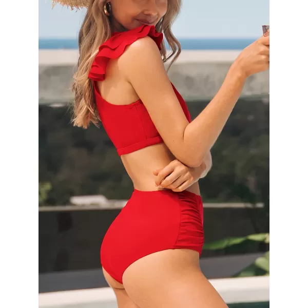 imageCUPSHE Bikini Set for Women Two Piece Swimsuit Ruffle Cutout One Shoulder Top High Waisted Shirred SwimwearRed