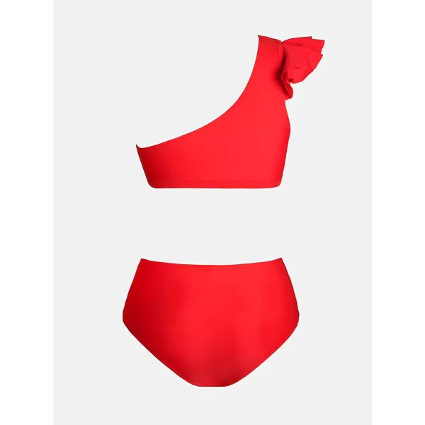imageCUPSHE Bikini Set for Women Two Piece Swimsuit Ruffle Cutout One Shoulder Top High Waisted Shirred SwimwearRed