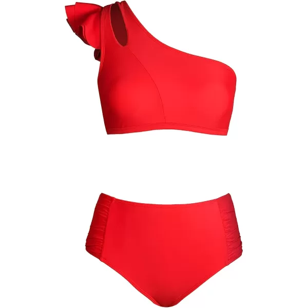 imageCUPSHE Bikini Set for Women Two Piece Swimsuit Ruffle Cutout One Shoulder Top High Waisted Shirred SwimwearRed