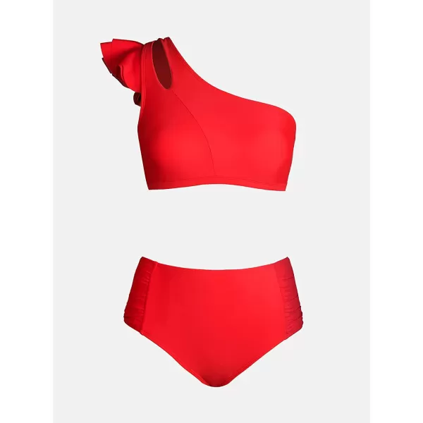 imageCUPSHE Bikini Set for Women Two Piece Swimsuit Ruffle Cutout One Shoulder Top High Waisted Shirred SwimwearRed