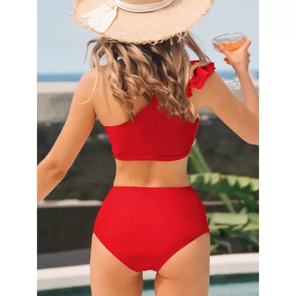imageCUPSHE Bikini Set for Women Two Piece Swimsuit Ruffle Cutout One Shoulder Top High Waisted Shirred SwimwearRed