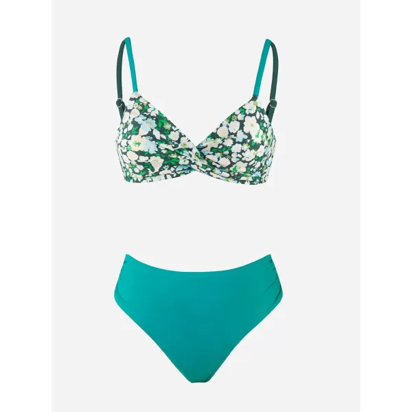 imageCUPSHE Bikini Set for Women Two Piece Swimsuit V Neck Back Tie Floral Reversible Bikini Top Mid Rise BottomTeal and Floral