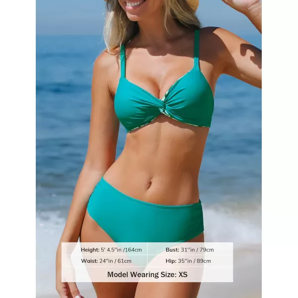 imageCUPSHE Bikini Set for Women Two Piece Swimsuit V Neck Back Tie Floral Reversible Bikini Top Mid Rise BottomTeal and Floral