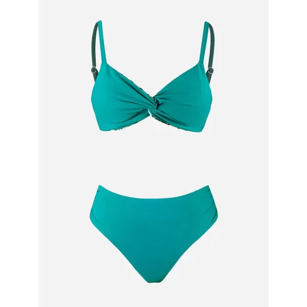 imageCUPSHE Bikini Set for Women Two Piece Swimsuit V Neck Back Tie Floral Reversible Bikini Top Mid Rise BottomTeal and Floral