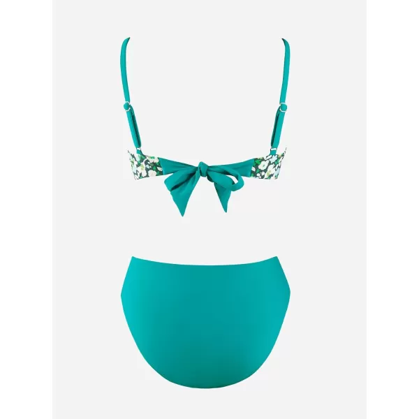 imageCUPSHE Bikini Set for Women Two Piece Swimsuit V Neck Back Tie Floral Reversible Bikini Top Mid Rise BottomTeal and Floral