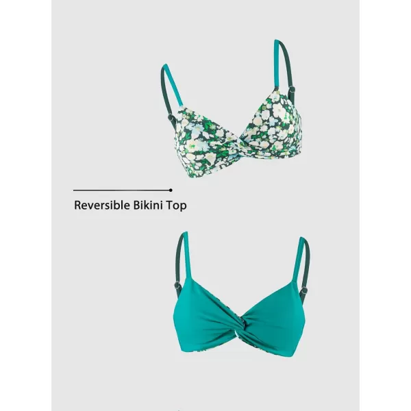 imageCUPSHE Bikini Set for Women Two Piece Swimsuit V Neck Back Tie Floral Reversible Bikini Top Mid Rise BottomTeal and Floral
