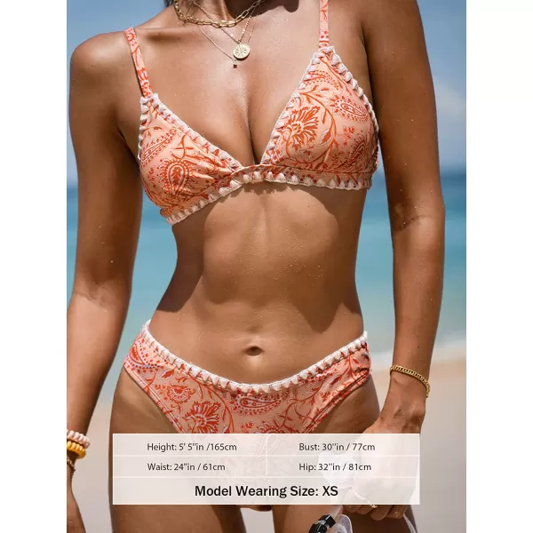 imageCUPSHE Bikini Set for Women Two Piece Swimsuit V Neck Paisley Print High Cut Cheeky Bottom Shell Stitching Trim Back HookPaisley Print