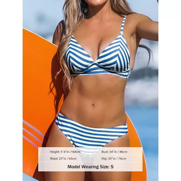 imageCUPSHE Bikini Set for Women Two Piece Swimsuit V Neck Triangle Top Striped Back Hook Mid Rise Cheeky BottomBlue Stripe