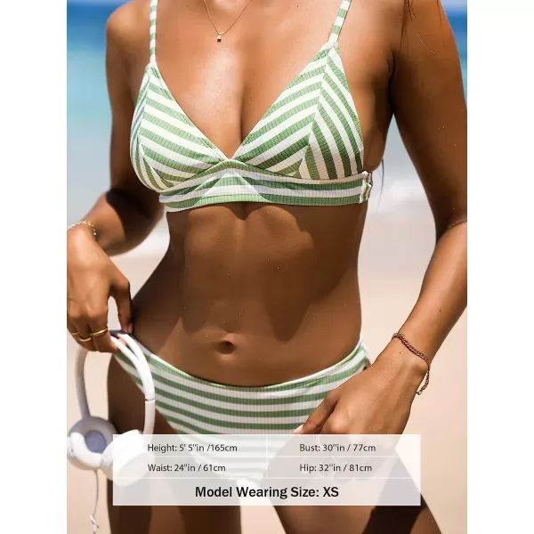 imageCUPSHE Bikini Set for Women Two Piece Swimsuit V Neck Triangle Top Striped Back Hook Mid Rise Cheeky BottomGreen Stripe