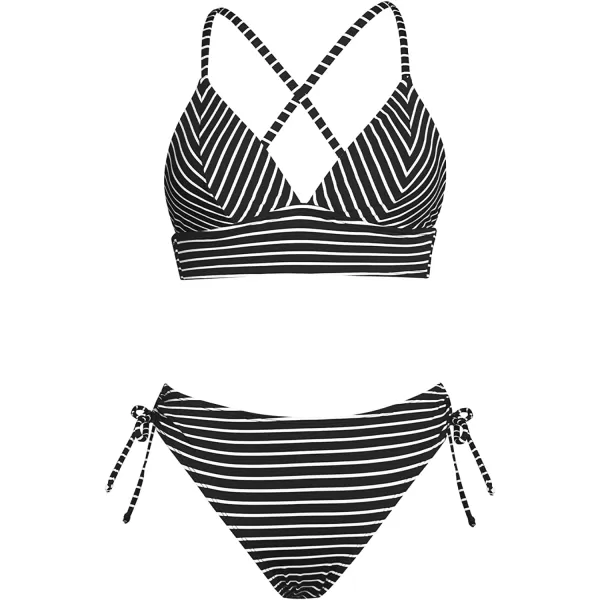imageCUPSHE Bikini Set for Women Two Piece Swimsuit V Neck Triangle Top Striped Crisscross Back Tie Mid Rise DrawstringBlack Chevron Horizontal Stripe