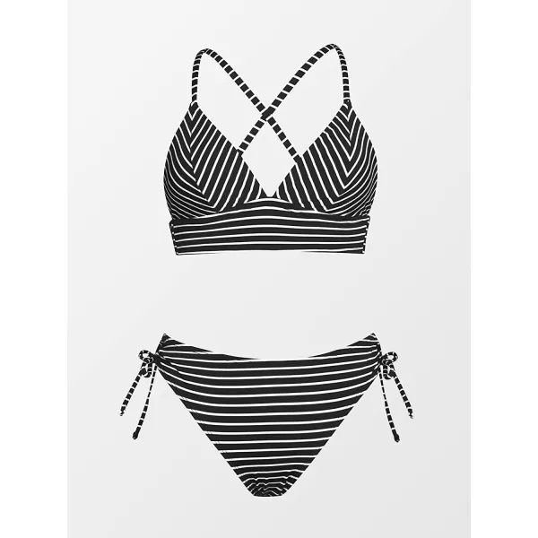 imageCUPSHE Bikini Set for Women Two Piece Swimsuit V Neck Triangle Top Striped Crisscross Back Tie Mid Rise DrawstringBlack Chevron Horizontal Stripe