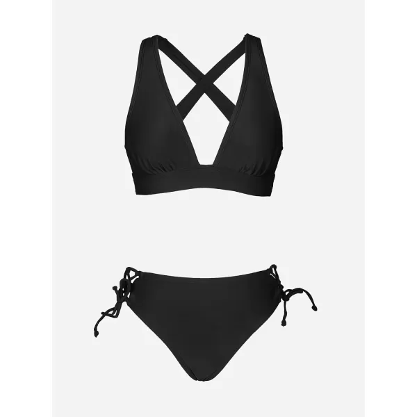 imageCUPSHE Bikini Set for Women Two Piece Swimsuit V Neck Triangle Top Wide Straps Cross Back Lace up Mid RiseBlack