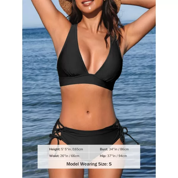 imageCUPSHE Bikini Set for Women Two Piece Swimsuit V Neck Triangle Top Wide Straps Cross Back Lace up Mid RiseBlack