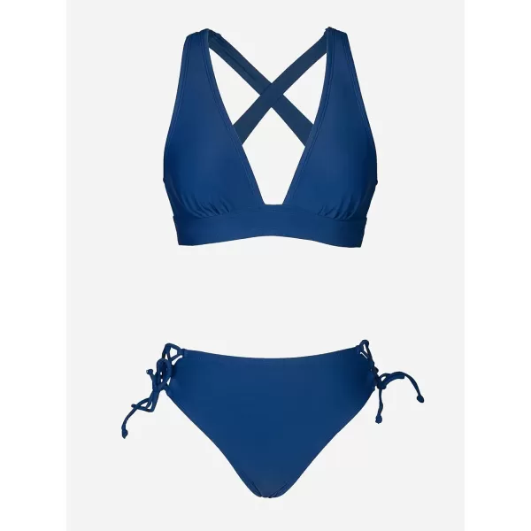imageCUPSHE Bikini Set for Women Two Piece Swimsuit V Neck Triangle Top Wide Straps Cross Back Lace up Mid RiseBlue
