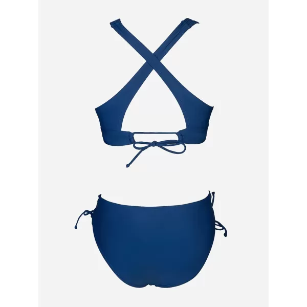 imageCUPSHE Bikini Set for Women Two Piece Swimsuit V Neck Triangle Top Wide Straps Cross Back Lace up Mid RiseBlue