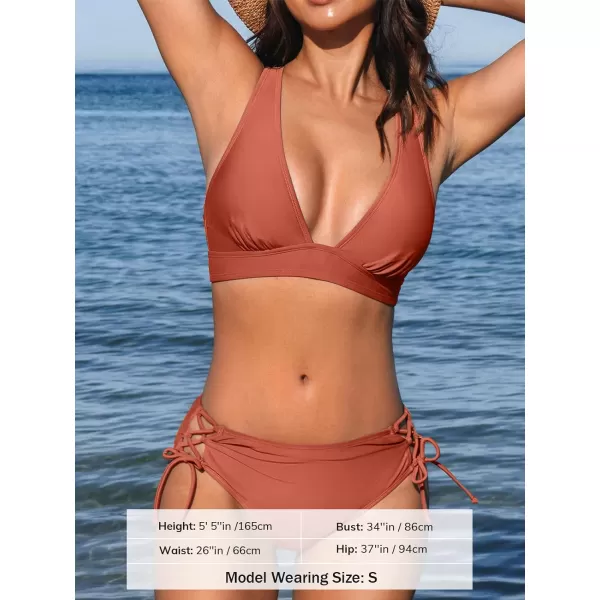 imageCUPSHE Bikini Set for Women Two Piece Swimsuit V Neck Triangle Top Wide Straps Cross Back Lace up Mid RiseDeep Coral Red