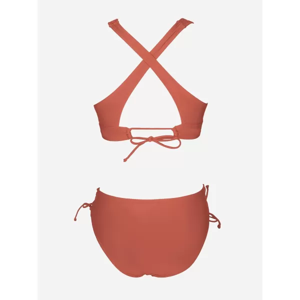 imageCUPSHE Bikini Set for Women Two Piece Swimsuit V Neck Triangle Top Wide Straps Cross Back Lace up Mid RiseDeep Coral Red