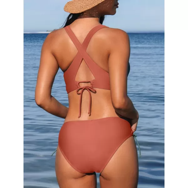 imageCUPSHE Bikini Set for Women Two Piece Swimsuit V Neck Triangle Top Wide Straps Cross Back Lace up Mid RiseDeep Coral Red