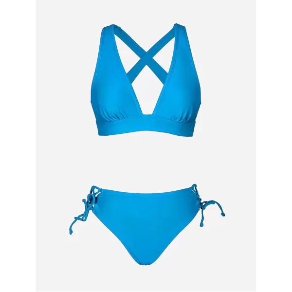 imageCUPSHE Bikini Set for Women Two Piece Swimsuit V Neck Triangle Top Wide Straps Cross Back Lace up Mid RiseDeep Sky Blue