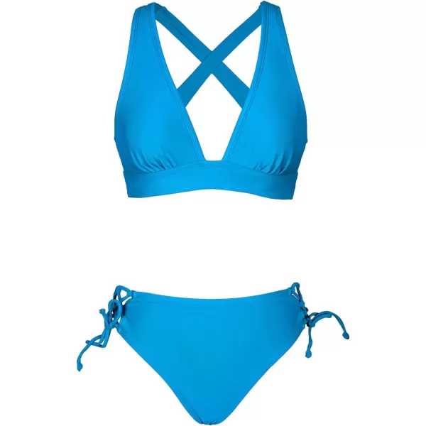 imageCUPSHE Bikini Set for Women Two Piece Swimsuit V Neck Triangle Top Wide Straps Cross Back Lace up Mid RiseDeep Sky Blue