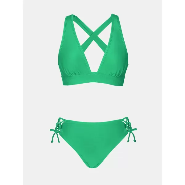 imageCUPSHE Bikini Set for Women Two Piece Swimsuit V Neck Triangle Top Wide Straps Cross Back Lace up Mid RiseLight Green