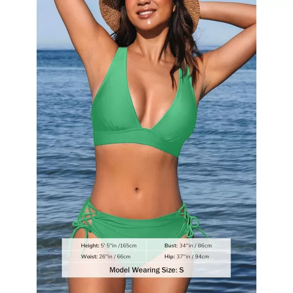 imageCUPSHE Bikini Set for Women Two Piece Swimsuit V Neck Triangle Top Wide Straps Cross Back Lace up Mid RiseLight Green
