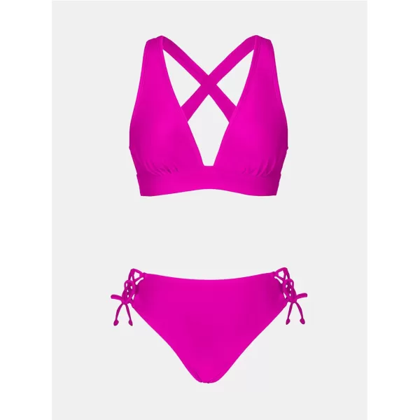 imageCUPSHE Bikini Set for Women Two Piece Swimsuit V Neck Triangle Top Wide Straps Cross Back Lace up Mid RiseMagenta