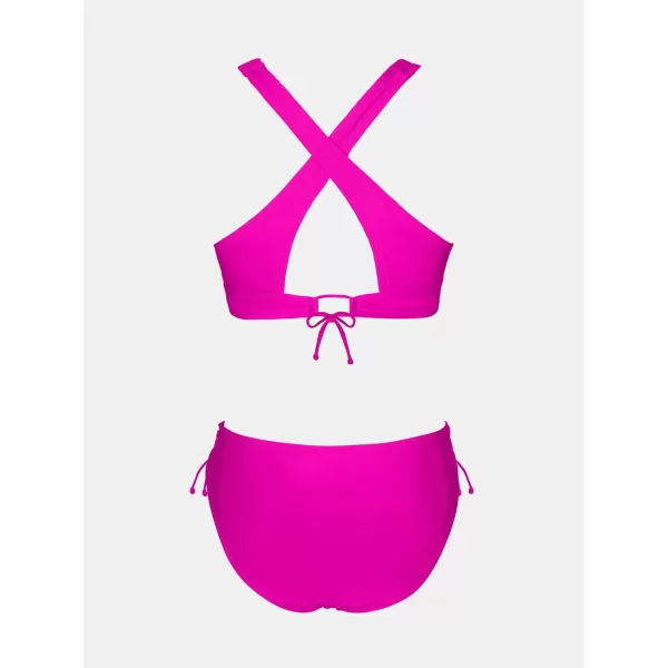 imageCUPSHE Bikini Set for Women Two Piece Swimsuit V Neck Triangle Top Wide Straps Cross Back Lace up Mid RiseMagenta