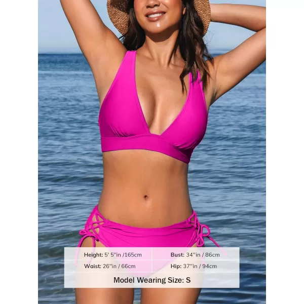 imageCUPSHE Bikini Set for Women Two Piece Swimsuit V Neck Triangle Top Wide Straps Cross Back Lace up Mid RiseMagenta