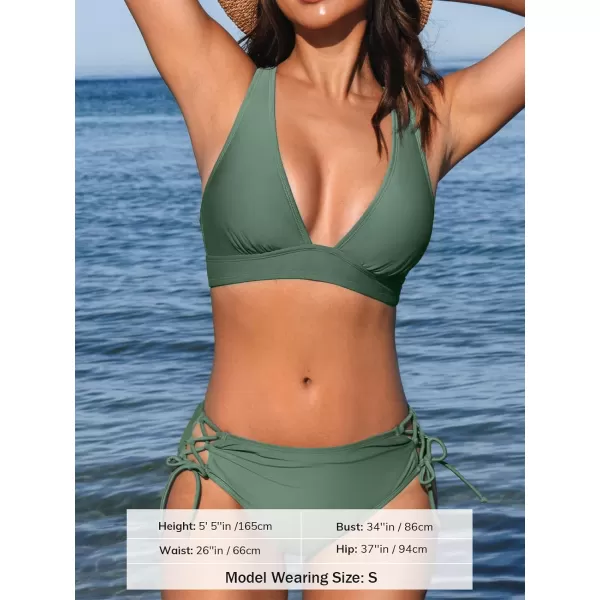 imageCUPSHE Bikini Set for Women Two Piece Swimsuit V Neck Triangle Top Wide Straps Cross Back Lace up Mid RiseOlive Green
