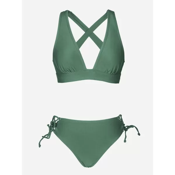 imageCUPSHE Bikini Set for Women Two Piece Swimsuit V Neck Triangle Top Wide Straps Cross Back Lace up Mid RiseOlive Green
